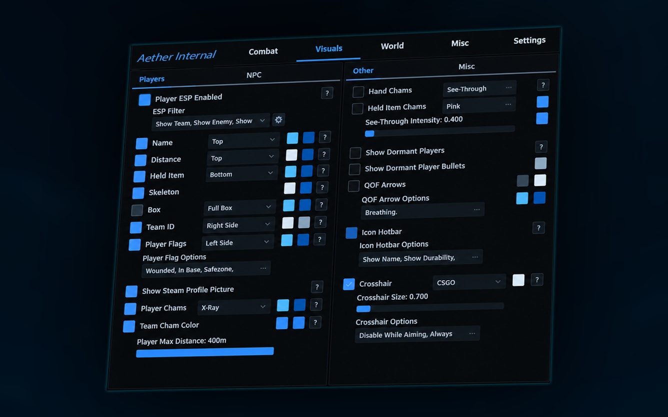 The Rust Internal menu on its Visuals tab: player ESP, chams and max distance on the Players page, beside hand and held item chams, dormant players, OOF arrows, the icon hotbar and the crosshair