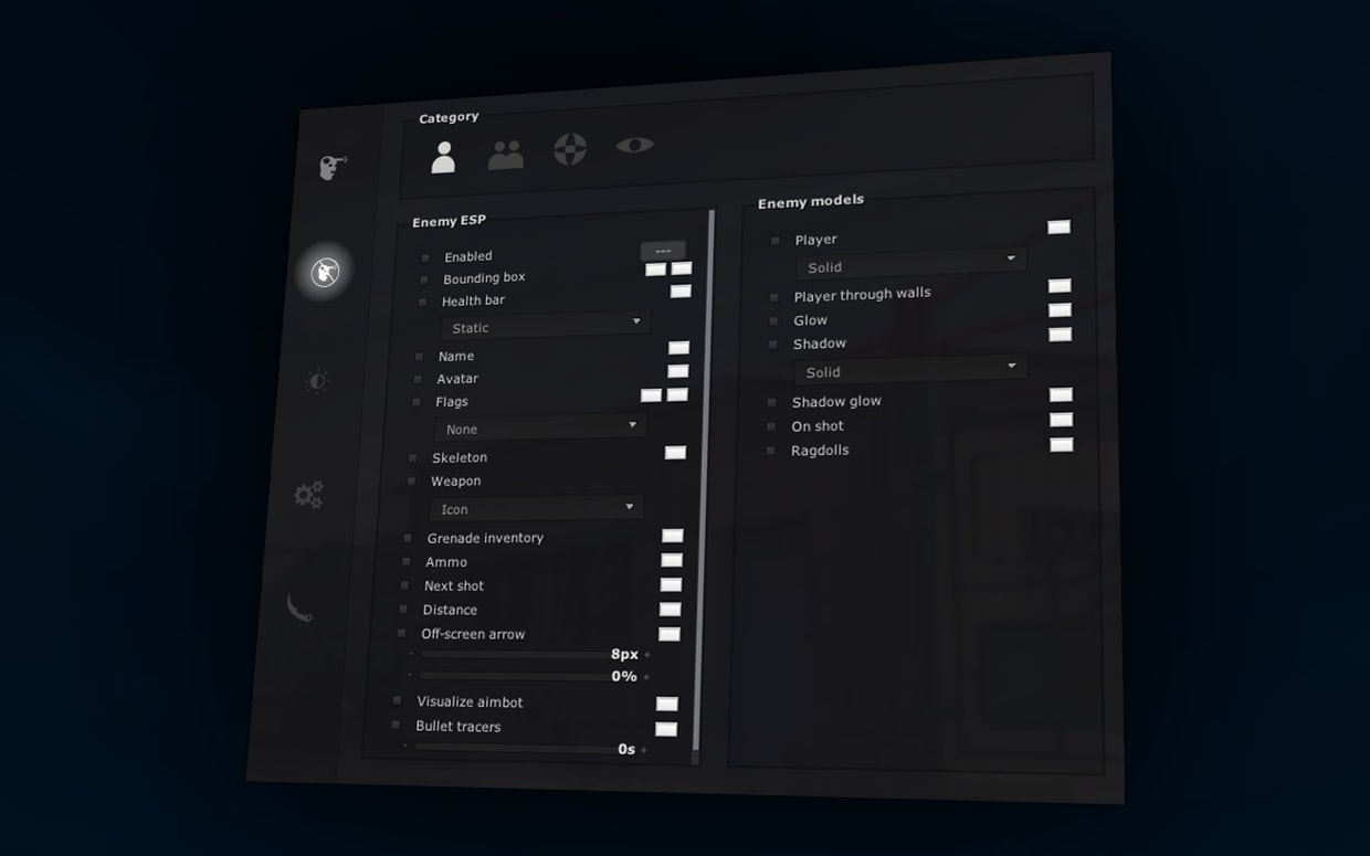 The Counter-Strike 2 menu on its enemy page: enemy ESP with bounding box, health bar, name, avatar, flags, skeleton, weapon, grenade inventory, ammo, distance and off-screen arrows, beside enemy models with player chams, chams through walls, glow, shadow and ragdolls