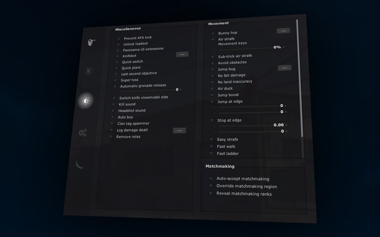 The Counter-Strike 2 menu on its misc page: miscellaneous options like prevent AFK kick, knifebot, quick switch, quick plant and auto buy, beside movement with bunny hop, air strafe, jump bug, jump at edge and fast ladder, and matchmaking with auto-accept, region override and rank reveal