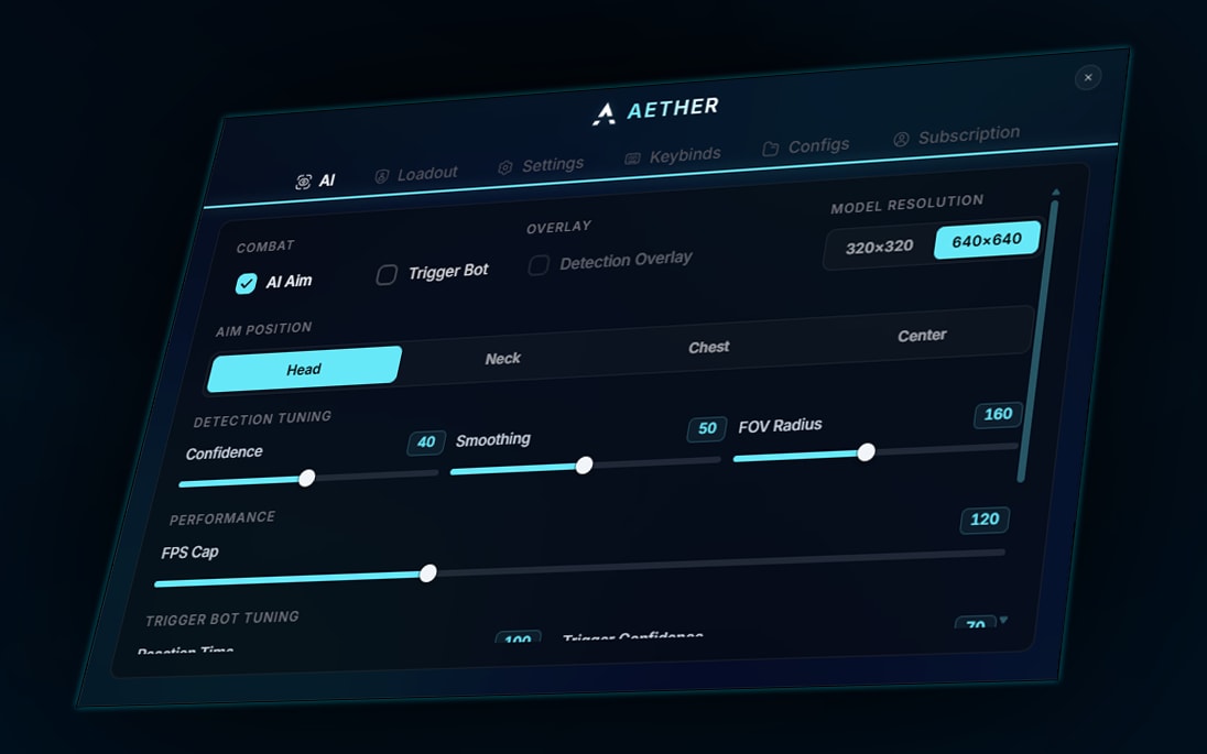 The R6 AI Aim + Script menu on its AI page: AI aim, trigger bot and detection overlay switches, model resolution, aim position, detection tuning sliders and an FPS cap