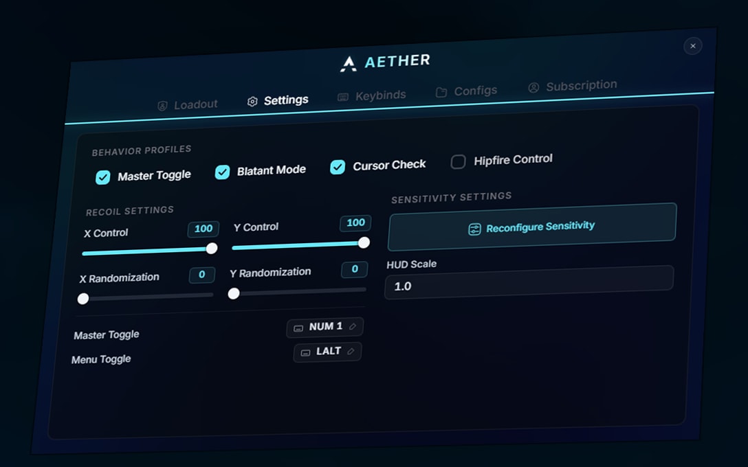 The R6 Script menu on its Settings page: master toggle, blatant mode, cursor check and hipfire control, X and Y control and randomization sliders, the master and menu toggle keys, and the sensitivity settings with the HUD scale