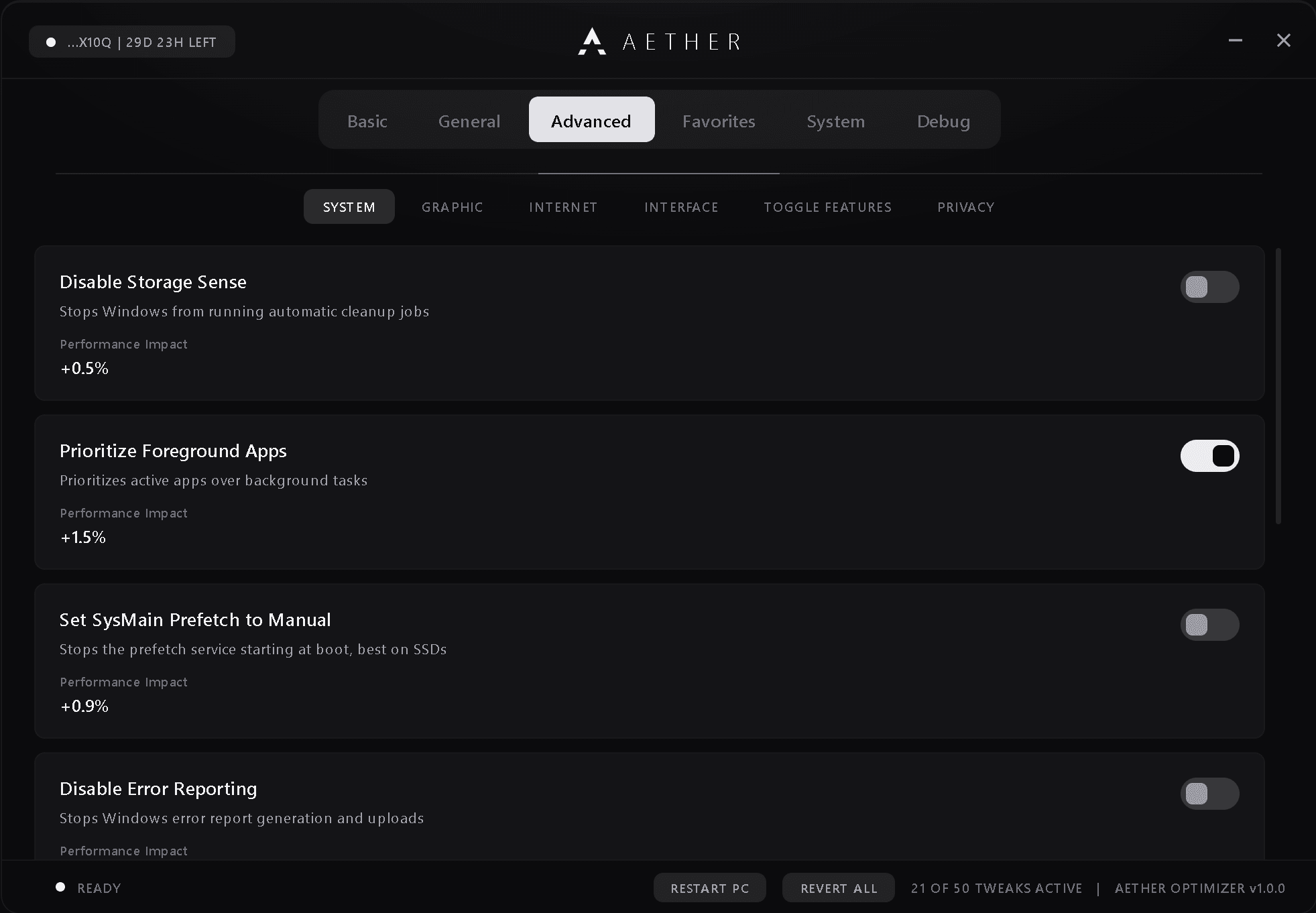 The Aether Optimizer app on its Advanced tab: the category tabs along the top, each tweak with a plain description and a switch, and Restart PC and Revert All in the footer bar