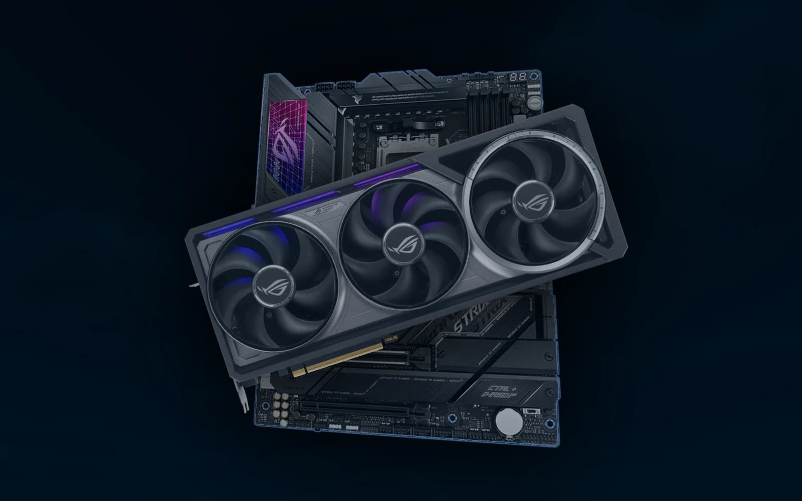 Woofer: a graphics card with three fans over a motherboard, on a dark navy background