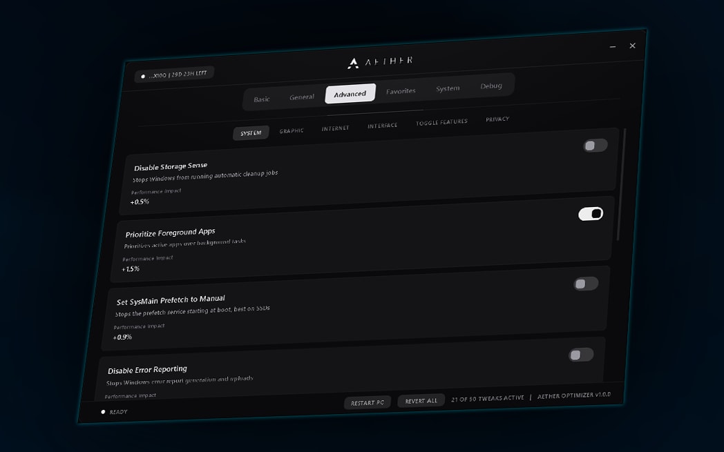 The Aether Optimizer app on its Advanced tab: system tweaks, each with a plain description and a switch, above the Restart PC and Revert All buttons