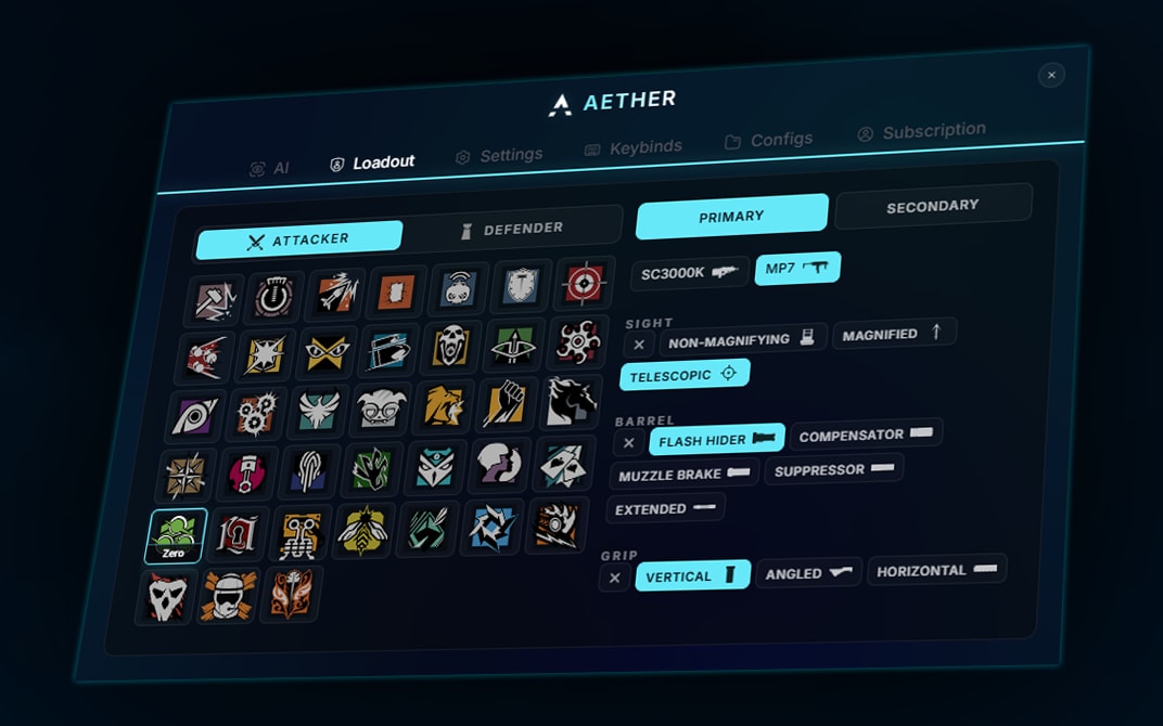 The R6 Script menu on its Loadout page: attacker and defender operators, primary and secondary weapons, and sight, barrel and grip choices