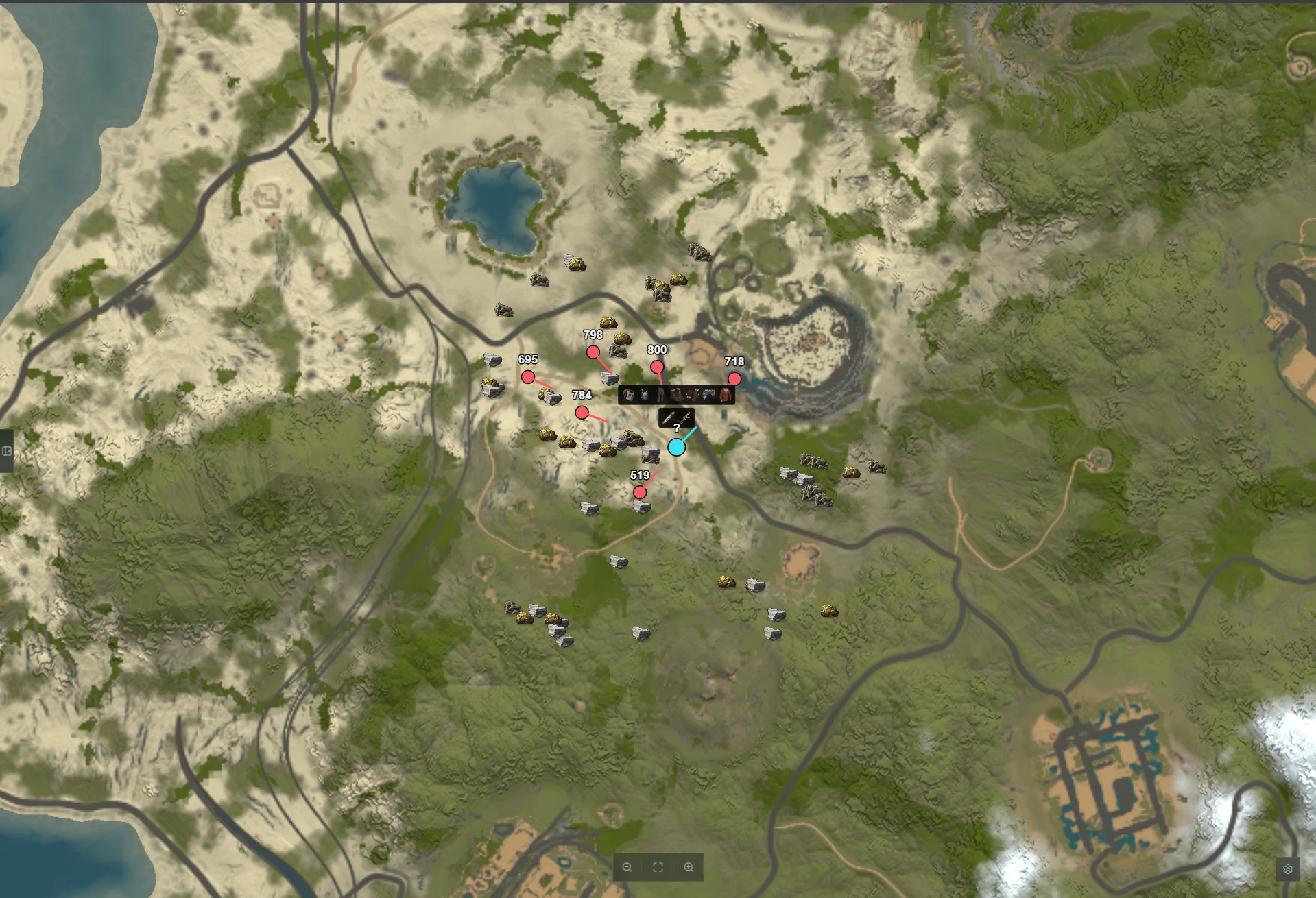 Rust Radar live map showing player positions, distances and loadouts